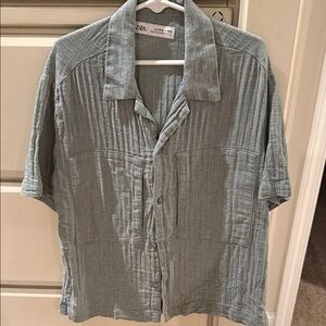 Zara Light green Textured Short Sleeve Shirt